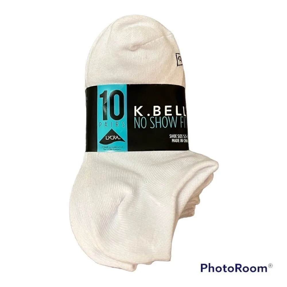 K. Bell Ladies - No Show Sock - 10 Pair Pack (Sock size 5.5-10, White Black
